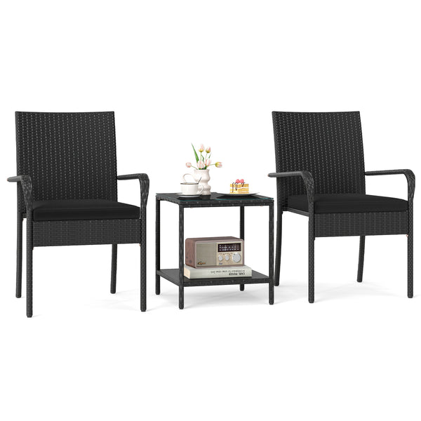 Crafted from appealing and long-lasting PE rattan<br>Comfortable to sit with ergonomic backrest and armrests<br>Soft seat cushions bring more coziness<br>Zippered cushion covers for simple maintenance<br>Side table with 2-tier design for more storage spac