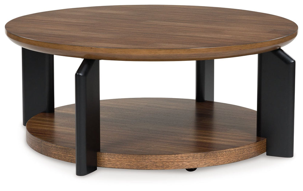 Experience the captivating allure of this coffee table, an effortless blend of casual and refined aesthetics. Its two-tone finish combines satin black with a rich brown wood tone for a modern, relaxed vibe that you-'ll love. Perfectly suited for your cont
