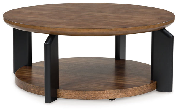Experience the captivating allure of this coffee table, an effortless blend of casual and refined aesthetics. Its two-tone finish combines satin black with a rich brown wood tone for a modern, relaxed vibe that you-'ll love. Perfectly suited for your cont