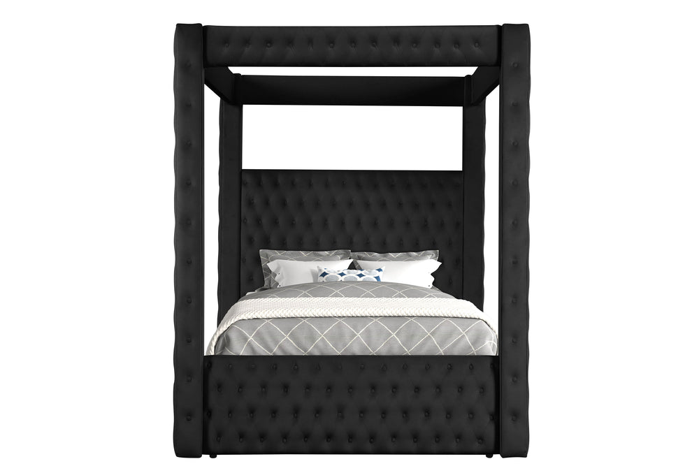 This majestic four-poster bed is a statement piece that exudes luxury and grandeur, perfect for creating a dramatic bedroom setting. It boasts a bold black finish that encapsulates modern opulence, while its sumptuous, tufted headboard and footboard are u