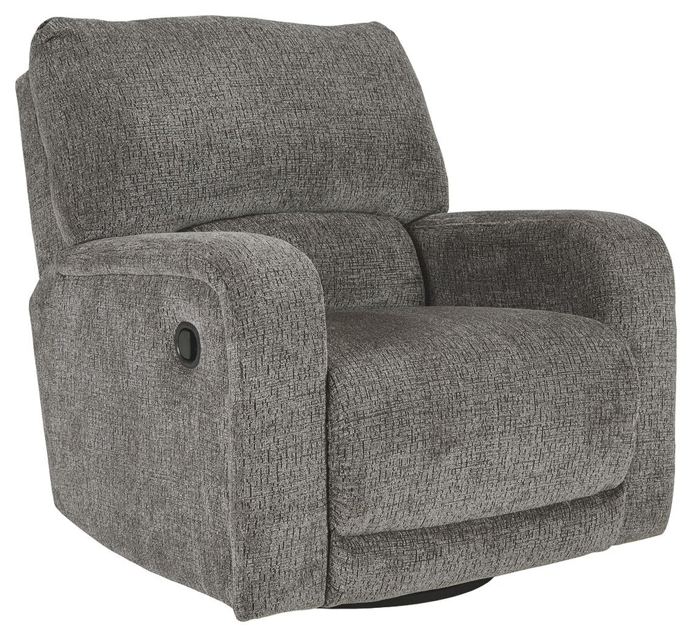 You and plush cushions are two peas in a pod. Thatâ€™s why this swivel glider recliner will quickly find its way to your heart. Chenille fabric feels so good, youâ€™ll never want to take your hands off of it. Track arms elevate the look with a touch of co