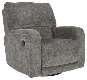 You and plush cushions are two peas in a pod. Thatâ€™s why this swivel glider recliner will quickly find its way to your heart. Chenille fabric feels so good, youâ€™ll never want to take your hands off of it. Track arms elevate the look with a touch of co