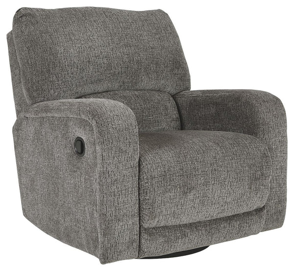 You and plush cushions are two peas in a pod. Thatâ€™s why this swivel glider recliner will quickly find its way to your heart. Chenille fabric feels so good, youâ€™ll never want to take your hands off of it. Track arms elevate the look with a touch of co