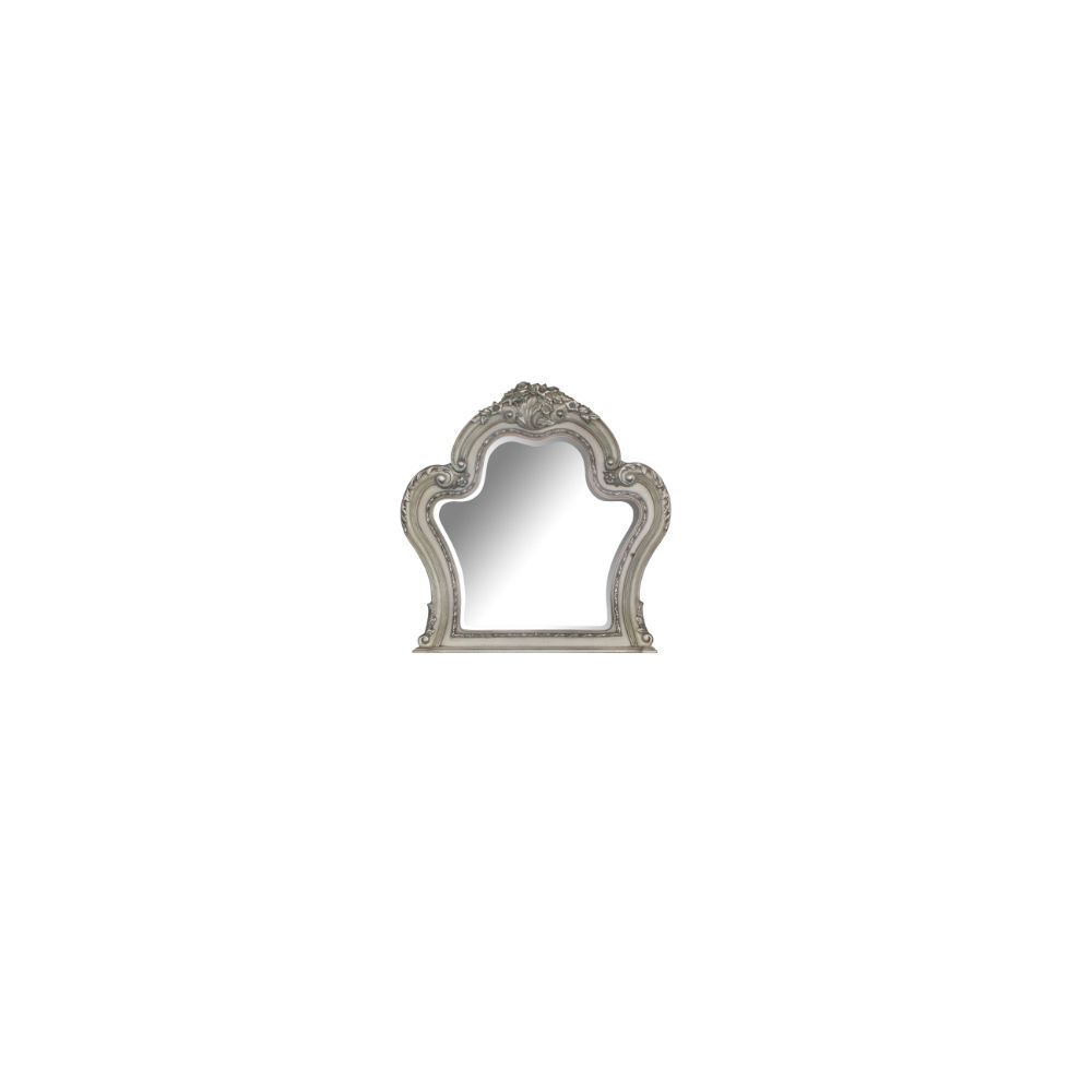 Mirror with Beveled Edge () Shape: Arched w/Raised Scrolled Trim (Poly-Resin Moldings)<br/><br/><b>Product Features</b><ul><li>Case: 1Pc/1Ctn</li><li>Finish: Vintage Bone White</li><li>Style: Traditional</li><li>Materials: Wood, Poly-Resin</li></ul><br/>