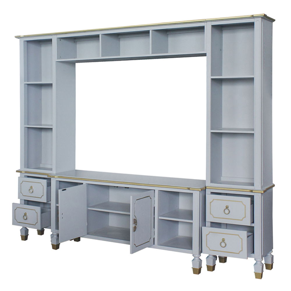 Creating the most expressive outlines, the House Marchese entertainment center meant to make a statement of sophistication. The pieces feature the wooden frame in pearl gray finish with golden trimmed accents, offering unmistakable discerning style. Elega