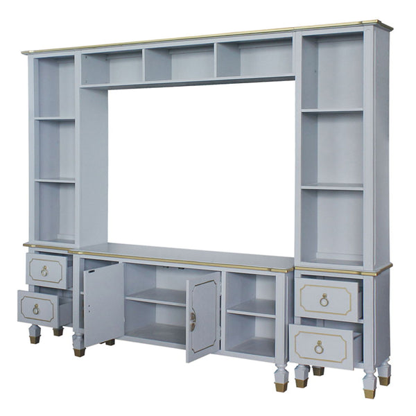  the House Marchese entertainment center meant to make a statement of sophistication. The pieces feature the wooden frame in pearl gray finish with golden trimmed accents