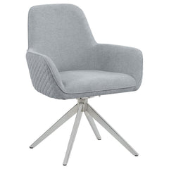 Blending mid-century modern design with contemporary comfort, this swivel dining armchair offers both style and function. Upholstered in light grey fabric, it features a plush bucket seat with low arms and a tall backrest for exceptional support. The hone