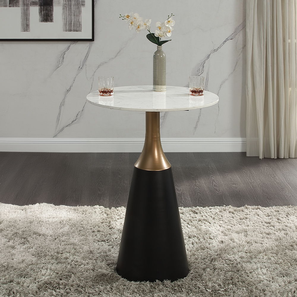 The Jaramillo collection boasts a sophisticated round counter height table with a sleek marble top and a fixed table top design. Supported by a striking single pedestal base in a stylish black finish, this table is the epitome of modern elegance. Paired w