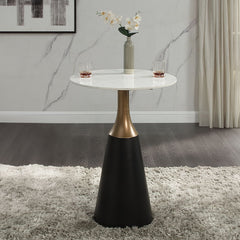The Jaramillo collection boasts a sophisticated round counter height table with a sleek marble top and a fixed table top design. Supported by a striking single pedestal base in a stylish black finish, this table is the epitome of modern elegance. Paired w