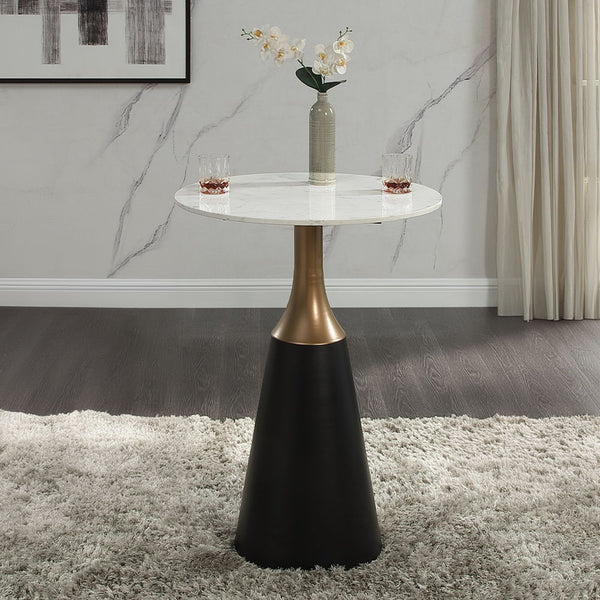 The Jaramillo collection boasts a sophisticated round counter height table with a sleek marble top and a fixed table top design. Supported by a striking single pedestal base in a stylish black finish, this table is the epitome of modern elegance. Paired w