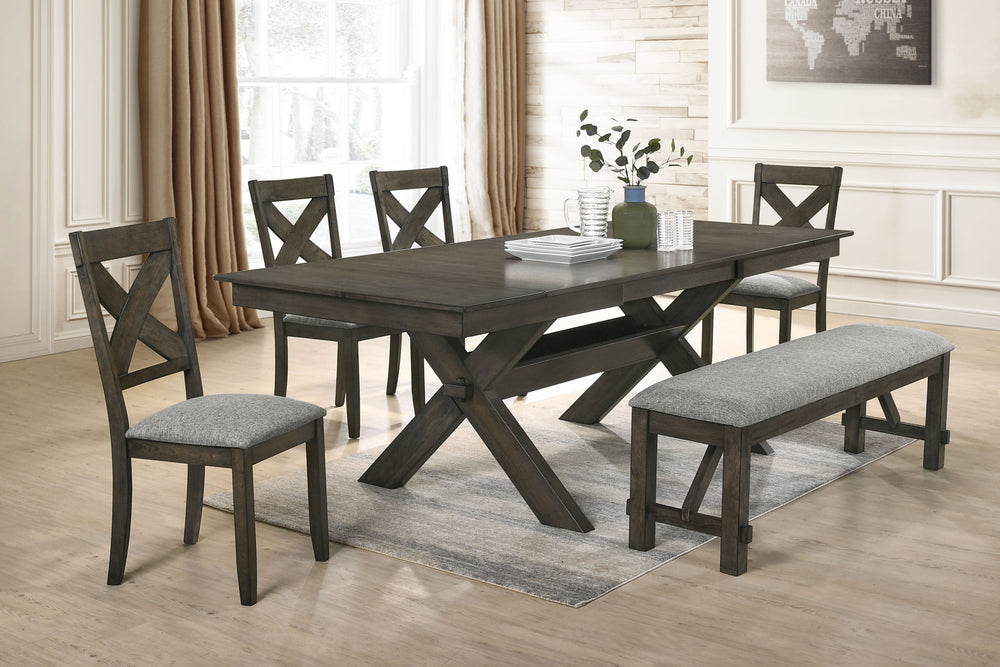 The Gulliver 6-Piece Wood Dining Set offers a perfect blend of durability and style for your dining space. This set includes a trestle dining table, four X-back dining chairs, and a matching dining bench, all crafted from solid rubberwood, manufactured wo