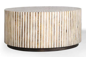  slightly Boho vibe. Organic yet refined this 38 inch diameter table is made from mango wood and bone inlay in a beautiful radial pa