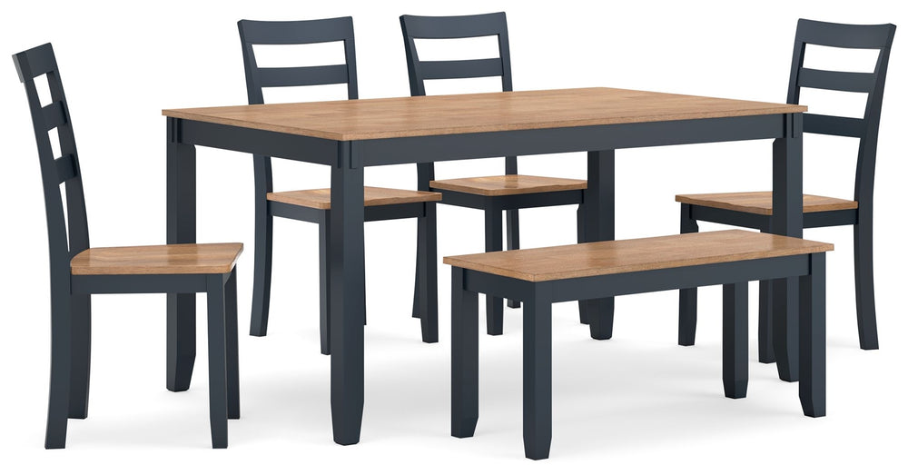Complement your homeâ€™s simply relaxed sensibility with this dining table, chairs and bench. A dark blue hue offers a chic contrast to the natural wood tone, for a casual look that vibes with a variety of aesthetics. Whether you-'re sipping your morning 