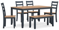 Complement your homeâ€™s simply relaxed sensibility with this dining table, chairs and bench. A dark blue hue offers a chic contrast to the natural wood tone, for a casual look that vibes with a variety of aesthetics. Whether you-'re sipping your morning 