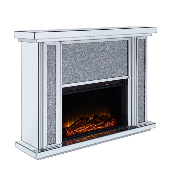 The Nowles fireplace is a gorgeous addition to any sitting or living room. The electric fireplace boasts of fully mirrored fronts and sides, between a fully mirrored top and base. The fireplace features a large front mirror face with faux stones inserts a
