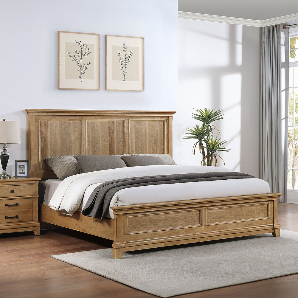 The Sunstone Bed combines durable, quality construction with solid rubberwood, manufactured woods, and hickory wood veneers, creating a strong and stable foundation for restful sleep. This collection features a classic, rustic style with natural wood fini