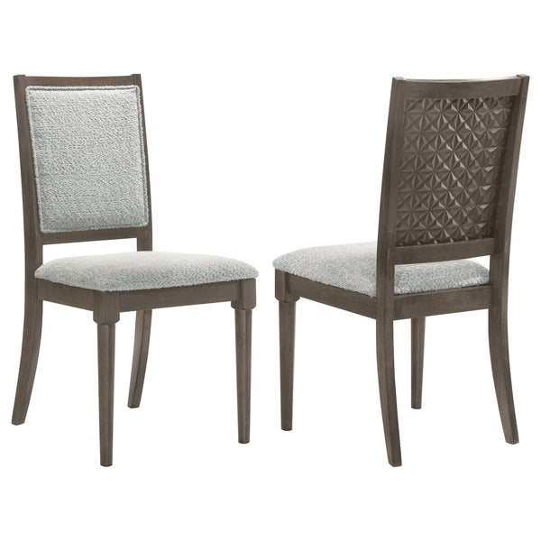 Elevate your dining space with this beautifully crafted dining chair, blending intricate detailing with luxurious comfort. The chair features a molded geometric design on the backrest, offering a striking visual appeal. Constructed from solid wood and emb
