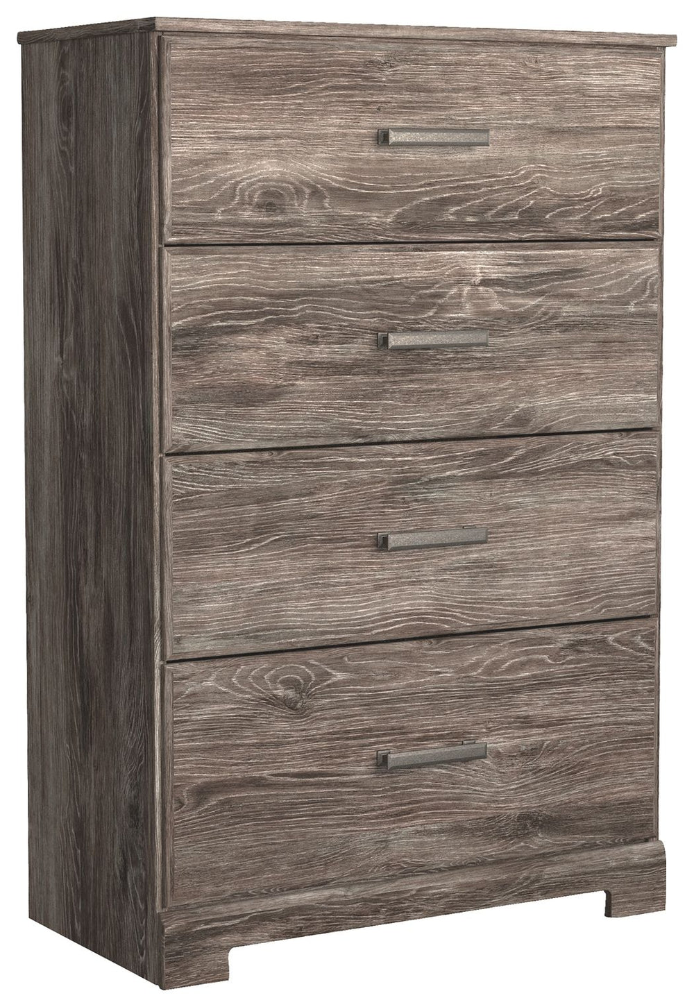 With its clean-lined look and modern attitude, this chest of drawers is a fresh style awakening. A warm gray hue over replicated oak grain easily complements other furniture finishes. Smooth drawer fronts with antiqued pewter-tone handles complete the aes