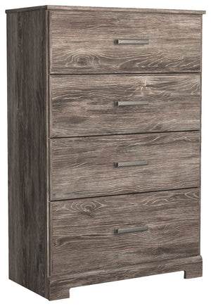 With its clean-lined look and modern attitude, this chest of drawers is a fresh style awakening. A warm gray hue over replicated oak grain easily complements other furniture finishes. Smooth drawer fronts with antiqued pewter-tone handles complete the aes