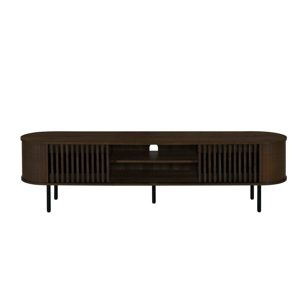 The Brax 70" TV Console with Sliding Doors in Walnut combines sturdy, eco-friendly construction with ample storage and modern style. Crafted from manufactured wood and covered in durable, environmentally friendly decorative laminate, this console is not o