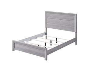  featuring a neutral drift wood finish that complements its clean and contemporary design. The robust bed frame anchors the room with a sense of sturdiness and style. Accompanying the bed ar