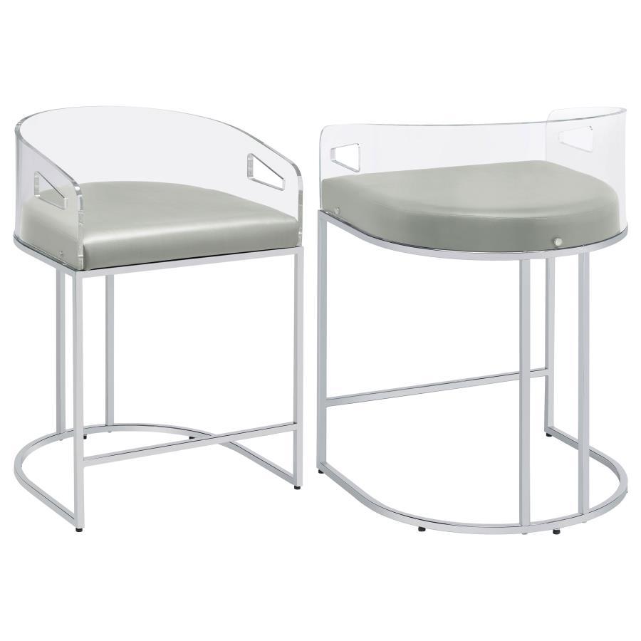 Ultra-modern with a retro-inspired vibe, this pair of stools make a striking piece to a dining room space. With a curved backrest in a clear acrylic material, each stool offers an open and airy design. Rest comfortably on a leatherette cushion as you dine