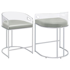 Ultra-modern with a retro-inspired vibe, this pair of stools make a striking piece to a dining room space. With a curved backrest in a clear acrylic material, each stool offers an open and airy design. Rest comfortably on a leatherette cushion as you dine