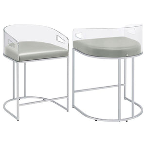Ultra-modern with a retro-inspired vibe, this pair of stools make a striking piece to a dining room space. With a curved backrest in a clear acrylic material, each stool offers an open and airy design. Rest comfortably on a leatherette cushion as you dine