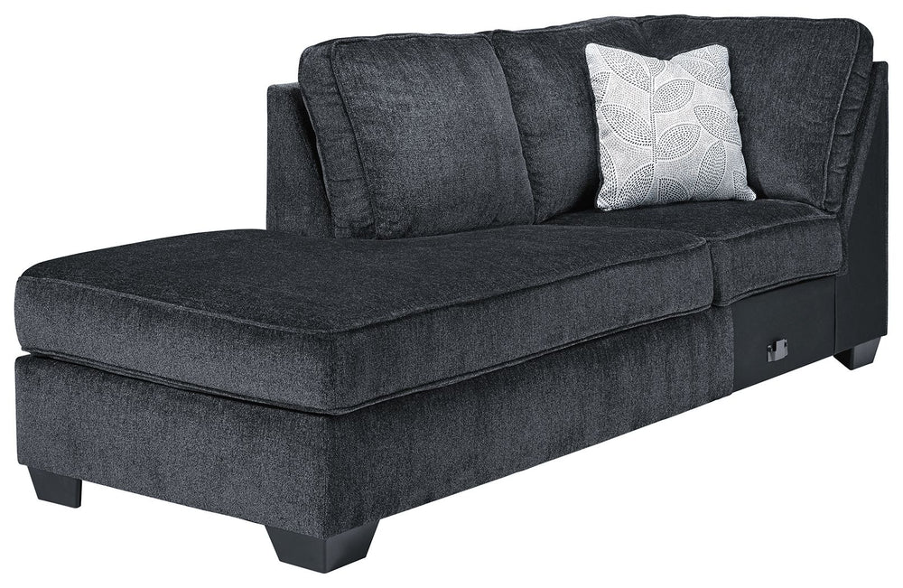This left-arm facing corner chaise is made with polyester upholstery. Pairs with other items in the series to make a sectional.<br><br><b>Additional Dimensions</b><br><ul><li>20-" Toss Pillow: 0-"</li><li>Arm height: 26-"</li><li>Leg height: 3-"</li><li>M