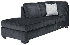 This left-arm facing corner chaise is made with polyester upholstery. Pairs with other items in the series to make a sectional.<br><br><b>Additional Dimensions</b><br><ul><li>20-" Toss Pillow: 0-"</li><li>Arm height: 26-"</li><li>Leg height: 3-"</li><li>M