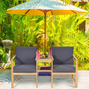 Are you in search of an outdoor furniture set to enjoy leisure time with your family and friends? This functional loveseat is the answer for you then. Â  Made of premium acacia wood  this set is sturdy and durable. Itâ€™s shipped with a thick seat and bac