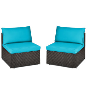 Power coated and solid steel frame adds sturdiness<br>Tight and hand-woven rattan to withstand change of weather<br>Two of the armless chairs can be used separately<br>Aluminum foot pads protect bottom rattan from scratching<br>Can be added to the same st