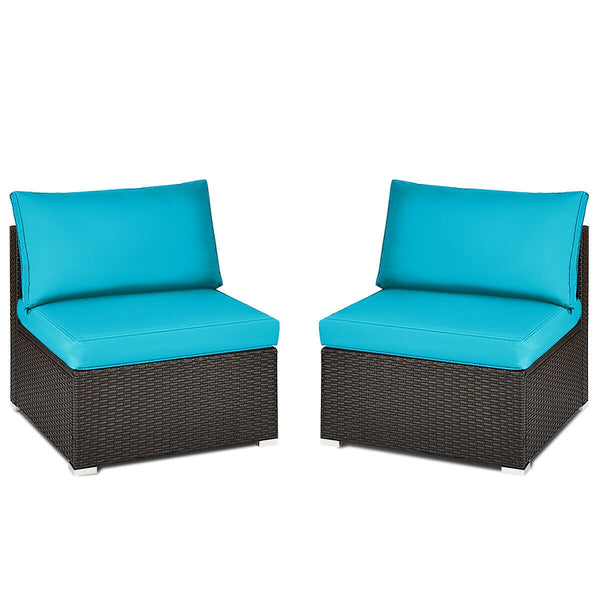 Power coated and solid steel frame adds sturdiness<br>Tight and hand-woven rattan to withstand change of weather<br>Two of the armless chairs can be used separately<br>Aluminum foot pads protect bottom rattan from scratching<br>Can be added to the same st