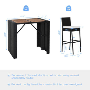 Delivery time may vary per box because of 2 boxes shipment <br>The second box includes all needed screws <br>Space-saving design by tucking bar stools under the table <br>Selected PE wicker for modern appearance and weather resistance <br>Come with solid 