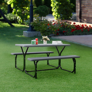 Made of non-toxic and odorless HDPE material to serve for years <br>Smooth surface with the natural wood grain to be a great addition to outdoors <br>Integrated metal frame with high strength to be sturdy without deformation <br>Thick 2 inches table holds