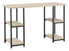 Contemporary meets casual for the ultimate office space. This desk aims to please with its durable MEGA-TUFFÂ® melamine top and metal base in a powder coated finish. The top features a replicated exotic wood grain in a light tan finish, while the double-s