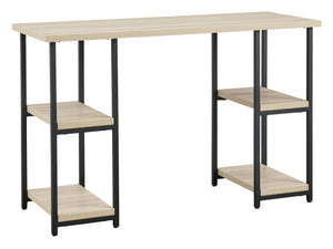 Contemporary meets casual for the ultimate office space. This desk aims to please with its durable MEGA-TUFFÂ® melamine top and metal base in a powder coated finish. The top features a replicated exotic wood grain in a light tan finish, while the double-s
