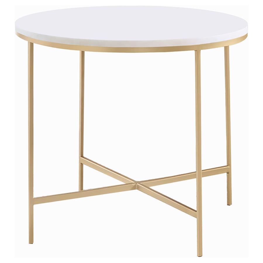 This round end table boasts a genuine white marble top, offering a sleek and modern design for any living space. The sturdy structure features a welded iron frame with a luxurious gold finish, ensuring both durability and style. Fully assembled, this side
