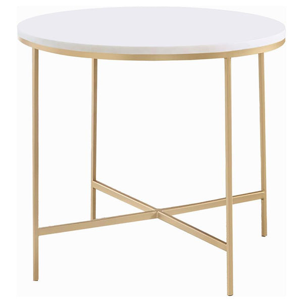 This round end table boasts a genuine white marble top, offering a sleek and modern design for any living space. The sturdy structure features a welded iron frame with a luxurious gold finish, ensuring both durability and style. Fully assembled, this side