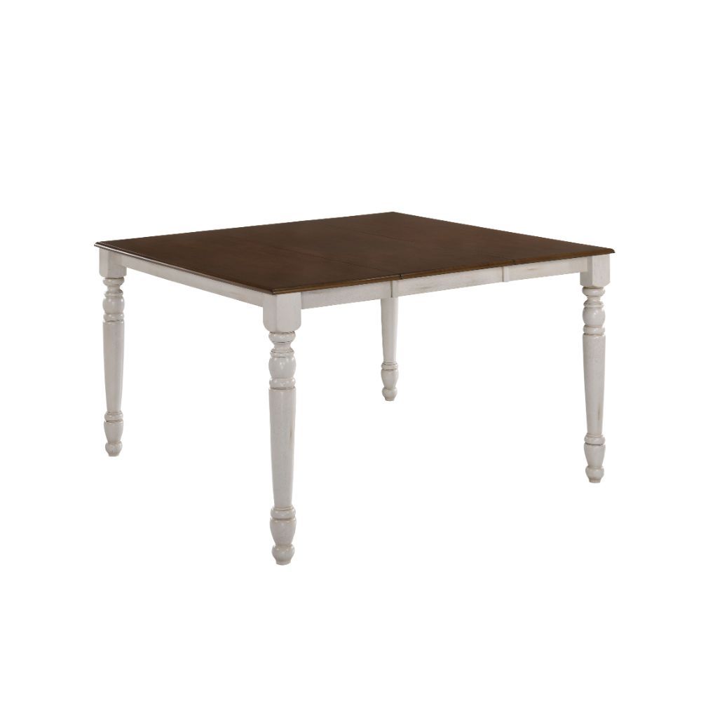 The Dylan collection features convertible table top with removable leaf, and turned legs, all carefully crafted with selected wood and veneers in rich buttermilk and dark oak finish. Matching side chairs offer overlapped -"X-" backrest design, wooden seat