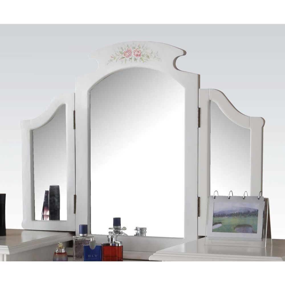 Tri-Fold Mirror â€¢ Size: Left & Right: 9-" x 18-"H, Middle: 20-" x 29-"H<br/><br/><b>Product Features</b><ul><li>Tri-Fold Mirror</li><li>Case: 1Pc/1Ctn</li><li>Finish: White</li><li>Style: Traditional</li><li>Materials: Wood, Mirror, Composite Wood</li><