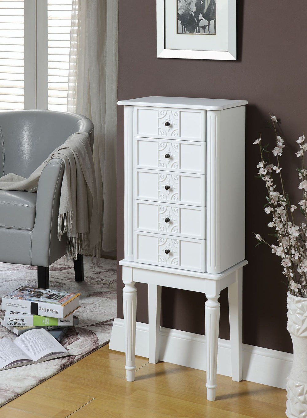 KD Leg, 4 Drw Top: Lid w/Mirror, Jewelry Storage & Cord mgmt: PreCut Hole (Velvet Lined) Side Doors w/Jewelry Storage (Hooks/Velvet Lined) Drawer: GLIDE Side Wood, Felt-Lined Drawers Wooden Fluted/Tapered Legs Anti-Tipping Strap Included<br/><br/><b>Produ