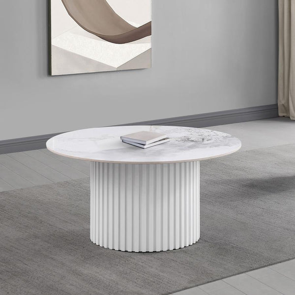  offering durability and style for modern living spaces. The sturdy metal base features a fluted design and a sleek white powder-coated finish