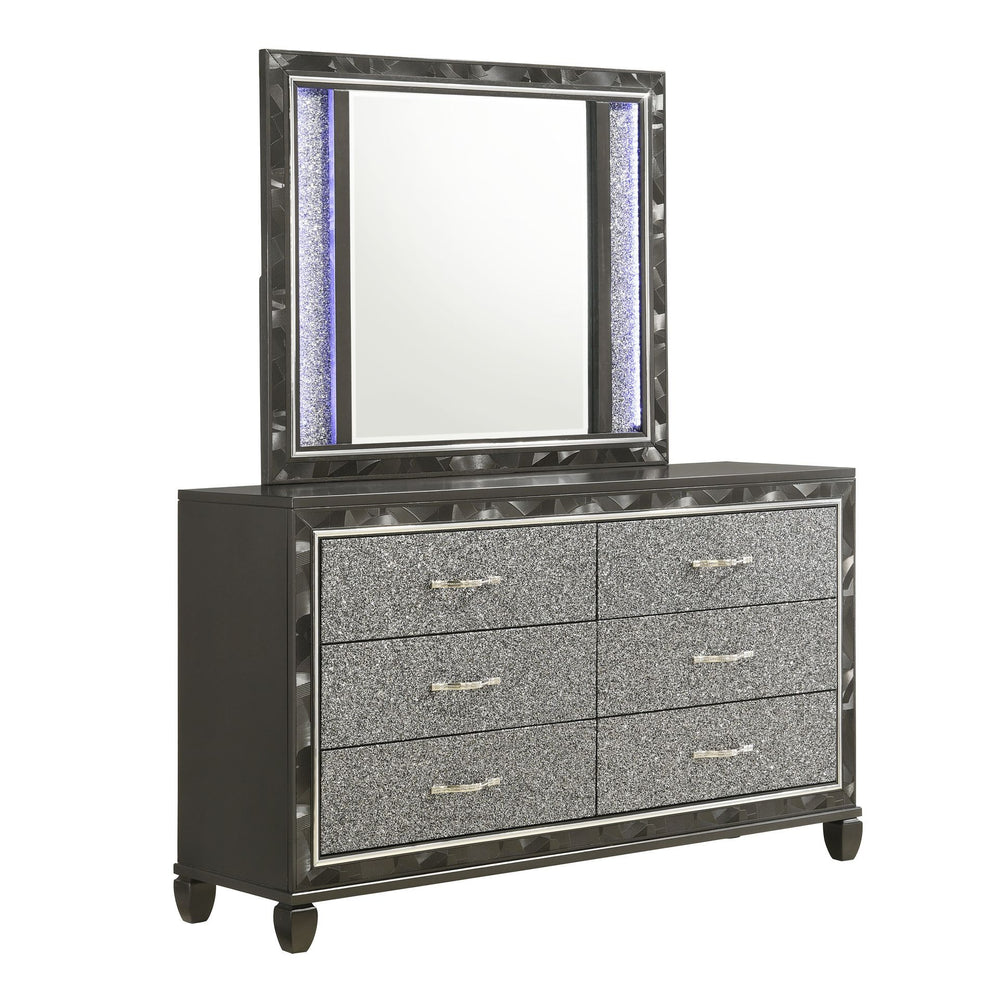Introducing the Radiance Lighted Mirror in Black Pearl, meticulously designed to complement the Radiance 6 Drawer Dresser. Crafted from a blend of Solid Rubberwood and engineered woods, this mirror ensures unparalleled stability and durability. Its semi-g