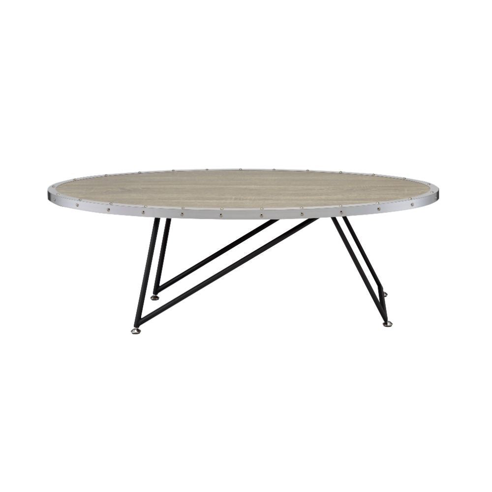 The Allis oval coffee table has hints of industrial with the treatment of the overlapping edge metal with Nailheads surrounding a weathered top. The base is an artfully designed asymmetrical pattern and is a good balance between design and function. A cen