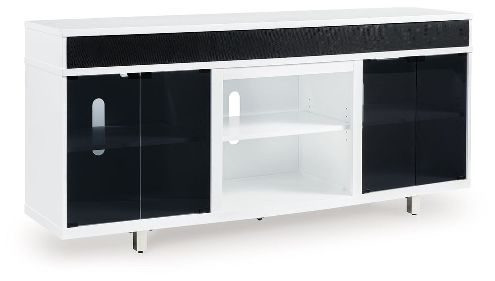 Combining a white high-gloss finish with black glass doors, this TV stand proves opposites really do attract. It-'s the perfect blend of modern style and functionality, with an electric fireplace option and ample space for your media devices, flat-screen 
