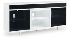 Combining a white high-gloss finish with black glass doors, this TV stand proves opposites really do attract. It-'s the perfect blend of modern style and functionality, with an electric fireplace option and ample space for your media devices, flat-screen 