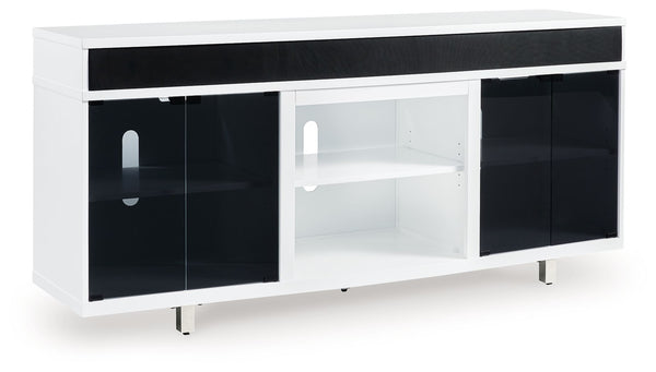 Combining a white high-gloss finish with black glass doors, this TV stand proves opposites really do attract. It-'s the perfect blend of modern style and functionality, with an electric fireplace option and ample space for your media devices, flat-screen 