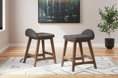 A refreshed take on retro aesthetics. This upholstered bar stool adds an air of playful simplicity to your dining space, capturing the architectural language of mid-century stylings. The seat invites the eye with a soft-edged silhouette and charcoal-hued 