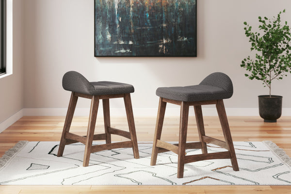 A refreshed take on retro aesthetics. This upholstered bar stool adds an air of playful simplicity to your dining space, capturing the architectural language of mid-century stylings. The seat invites the eye with a soft-edged silhouette and charcoal-hued 